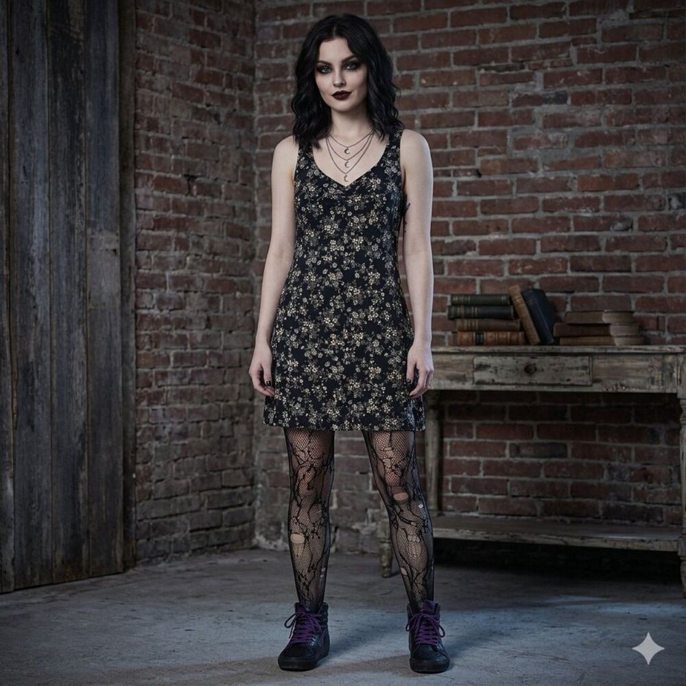 Wallflower Mini Dress Small Micro Ditsy Floral 90s Y2K Babydoll Whimsygoth Black